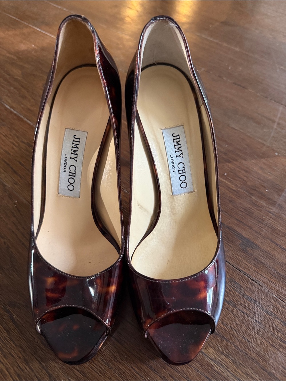 Jimmy Choo Tortoiseshell Peep-Toe Pumps in Brown Gloss size 7.5